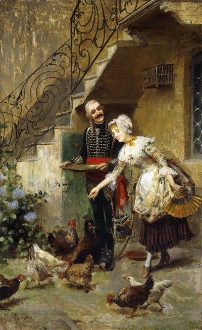 An Elegant Couple feeding Chickens in a Courtyard by Giacomo Mantegazza
