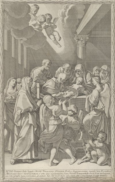 The circumcision of Christ, a group of men, women and angels surrounding him by Giacomo Maria Giovannini