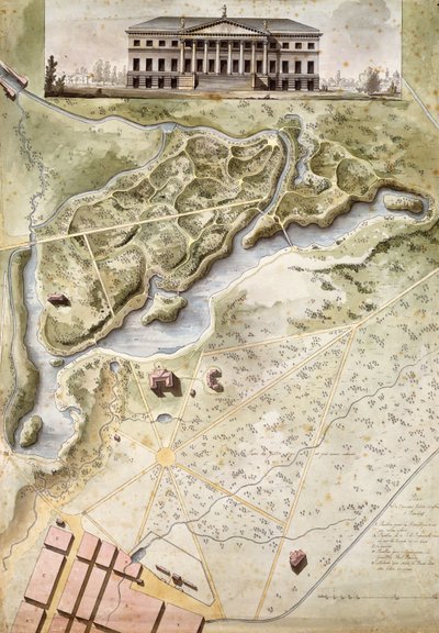 Peterhof, Russia: Elevation of the English Palace and Plan of the Park by Giacomo Quarenghi