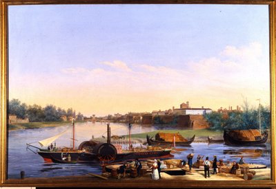 View of the Port of Pavia on the Po and the Steamboat Principessa Clementina by Giacomo Trecourt