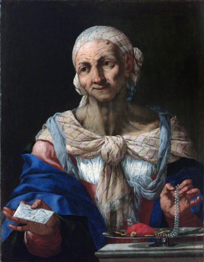 Old Woman with a Pearl Necklace and Letter (Vanitas) by Giambattista Langetti