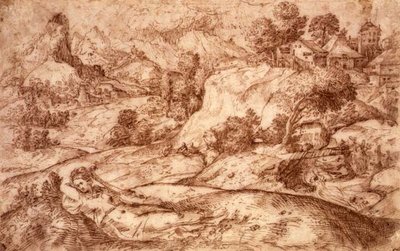 Mountainous Landscape with a Reclining Female Figure by Gian Battista (attr. to) Angolo del Moro