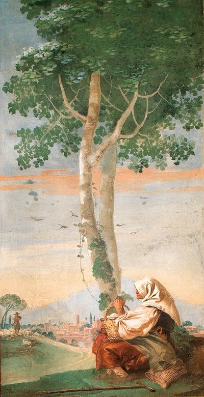 The Elderly Peasant Woman Seated Beneath a Tree with a Basket of Eggs, from the Room of Country Scenes by Giovanni Domenico Tiepolo