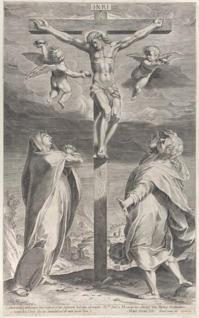 Crucifixion with the Virgin Mary and Saint John the Evangelist, Angels Overhead by Gijsbert Van Veen