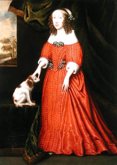 Portrait of a Young Lady in a Red Dress with a pet Spaniel by Gilbert (attr.to) Jackson