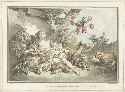 Shepherdess with Flying Cupid by Gilles Antoine Demarteau