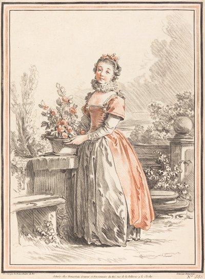 A Young Woman Standing in a Park by Gilles Antoine Demarteau after Jean Baptiste Le Prince