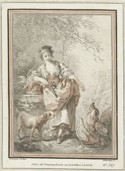 Young Woman with Dog and Rooster and Hen by Gilles Demarteau