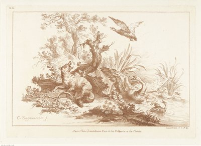 Fox with paw in trap and flying swan and ducks by water by Gilles Demarteau