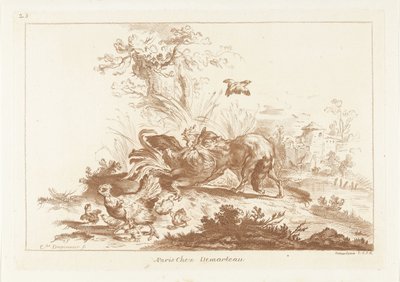 Fox Attacking a Rooster and Hen Fleeing with Chicks by Gilles Demarteau