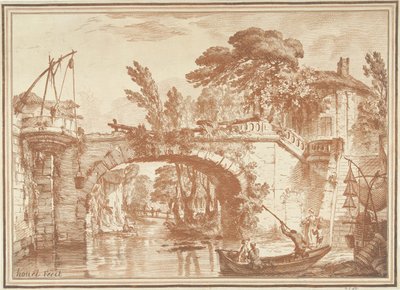 Southern Landscape with Bridge and Houses by River by Gilles Demarteau