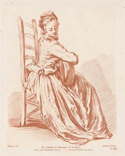Woman Playing the Guitar by Gilles Demarteau, the Elder, Antoine Watteau