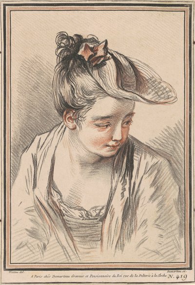 Head of a Young Woman Wearing a Hat by Gilles Demarteau the Elder after Antoine Watteau