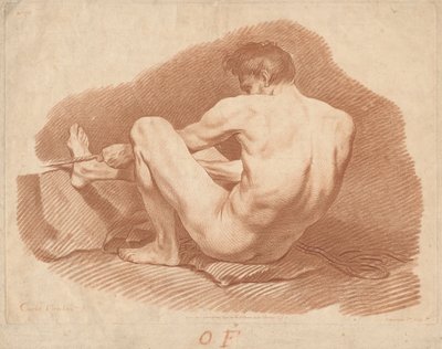 Seated Nude Man, Seen from Behind, Pulling a Rope by Gilles Demarteau, the Elder after Carle Van Loo