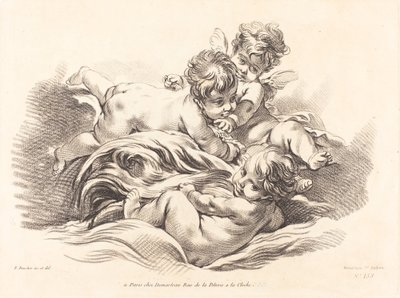 Three Cherubs Playing on Dolphin Like Wave by Gilles Demarteau, the Elder after François Boucher