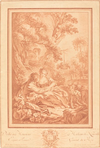 Two Lovers Seated at the Foot of a Large Tree, Surprised by Two Girls by Gilles Demarteau, the Elder after François Boucher
