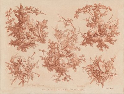 Five Trophies with Themes of Hunting, Love, and Folly by Gilles Demarteau, the Elder, and Jean Baptiste Hüet