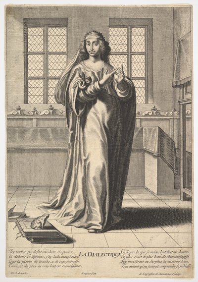 Dialectic: a young woman standing in a decorated interior and touching her right index by Gilles Rousselet