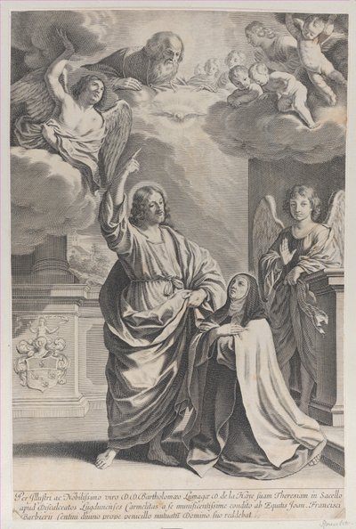 Saint Theresa praying alongside Christ, who points upwards to God the Father by Gilles Rousselet