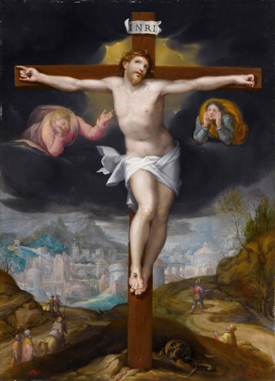 Christ on the Cross between two angels by Gillis Mostaert