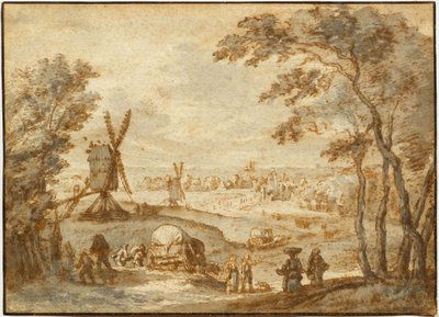 Landscape with Windmills Before a Town, with Walkers and Covered Wagon in the Foreground by Gillis Neyts