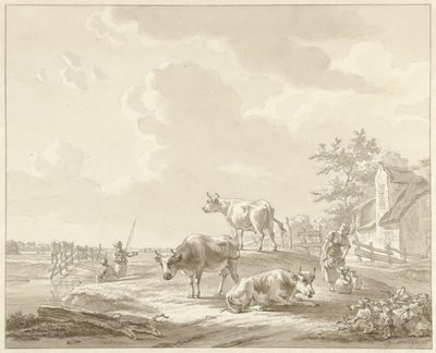 Three Cows by a Farm, Two Fishing Boys and a Woman by Gillis Smak Gregoor
