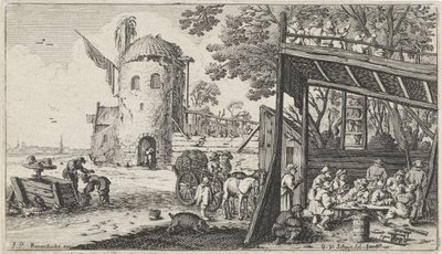Farmers Around a Table in a Barn (Taste), Landscapes with the Five Senses (series title) by Gillis van Scheyndel (I)