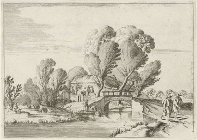 Two Walkers by a Canal (Seven Landscapes series) by Gillis van Scheyndel (I)
