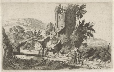 Walkers by a Ruin (series title: Six Landscapes) by Gillis van Scheyndel (I)