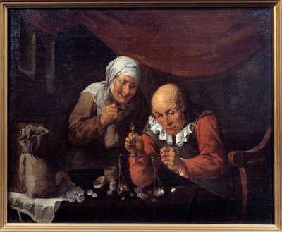 The greedy couple of old men weighing their possessions by Gillis van Tilborgh