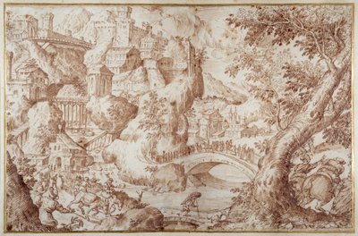 Fantastic Mountainous Landscape with Bridges Spanning Ravines, a City and Travellers by Gillis van Valckenborch