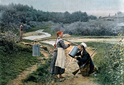 A hunter takes a drink from a young woman, Russia by Gillot