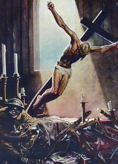 Anti American WWII Poster - Black American Pillaging Church - Poster by Gino Boccasile - Italian Propaganda Anti USA 1943 by Gino Boccasile