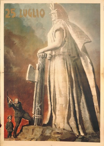 World War II - July 25, Pietro Badoglio symbolically breaking down fascism aided by King Vittorio Emanuele III by Gino Boccasile