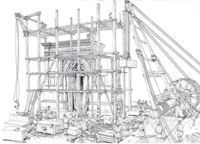 Ancient Rome: reconstruction of a construction site of an arch in the 1st century AD. The workers hoist the marble blocks with scaffolding and pulleys. Illustration by Giorgio Albertini. by Giorgio Albertini