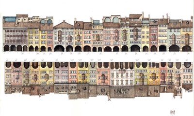 Architecture: view of Via dei Portici, covered gallery with portico, Bolzano, Italy. Illustration by Giorgio Albertini. by Giorgio Albertini