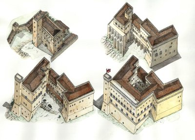 Middle Ages: aerial view of the construction phases of the Vatican Palace between the 12th and 15th century, Rome, Italy. by Giorgio Albertini