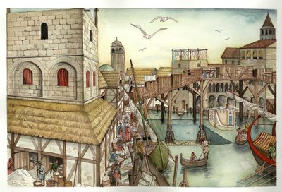 Middle Ages: view of the Rialto Bridge in the 11th century and activities in Venice, Italy. by Giorgio Albertini