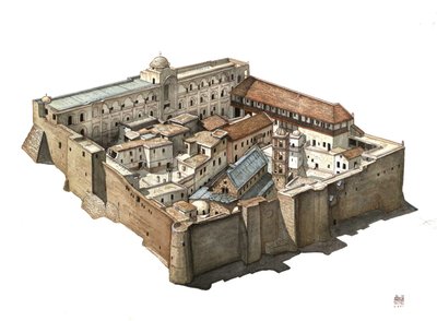 Overview of the Orthodox monastery of St. Catherine of Sinai, Egypt. Illustration by Giorgio Albertini. by Giorgio Albertini