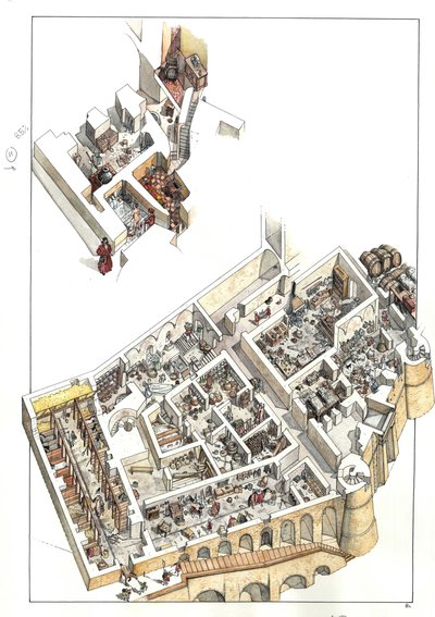 Reconstruction with a view to cutting the underground areas where the service floor is located in the ducal palace of the city of Urbino in Italy. It was built by Duke Federico da Montefeltro. by Giorgio Albertini