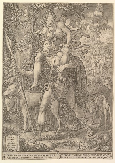 Allegory of the Hunt, a hunter holding a large spear carrying a woman Diana on his shoulder by Giorgio Ghisi