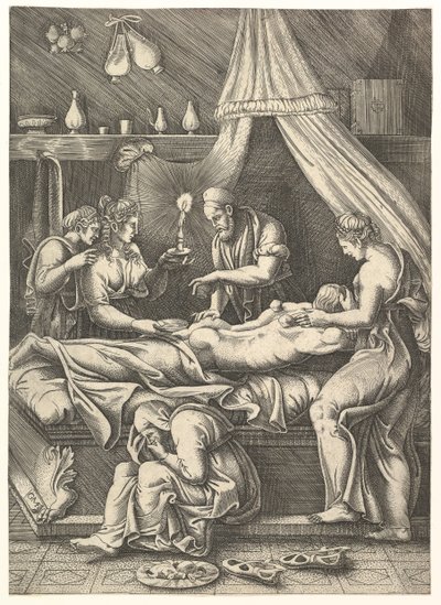 An Allegory of Sickness, Man Laying Prostrate on a Bed Surrounded by Figures by Giorgio Ghisi