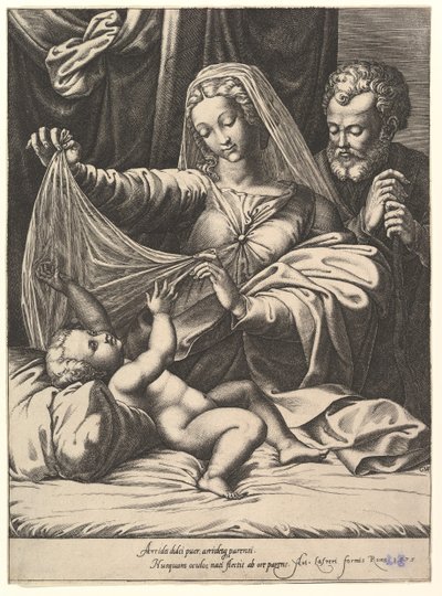 Madonna of Loreto, the Virgin Lifts a Veil Above the Child, Who Lies on a Bed and Pillow by Giorgio Ghisi