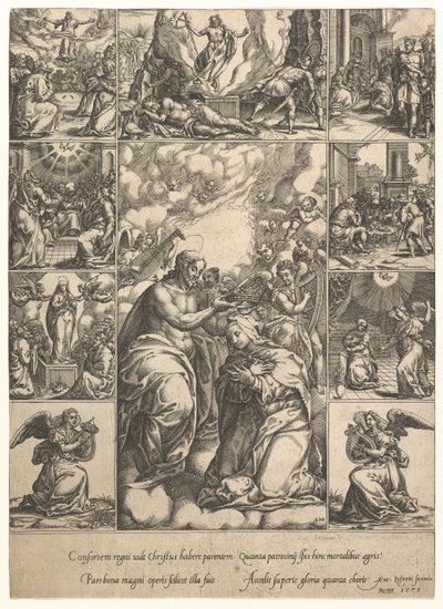 The Coronation of the Virgin, surrounded by nine vignettes with scenes from the life of, by 1575 by Giorgio Ghisi