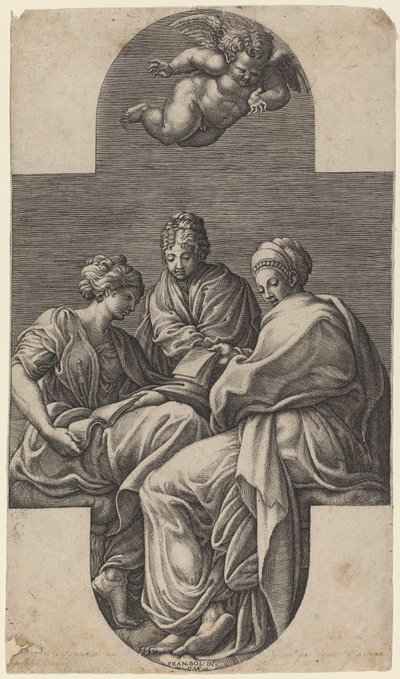 Three Muses and a Gesturing Putto by Giorgio Ghisi after Francesco Primaticcio