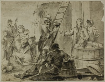 Rustic Scene: Men, Women and Children Resting and Drinking Outside Building by Giorgio Giacoboni
