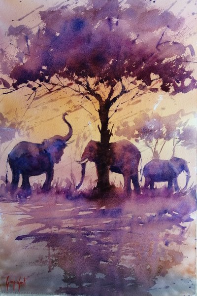 African Elephants Purple Sunset by Giorgio Gosti