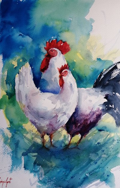 Colorful Rooster and Hen by Giorgio Gosti