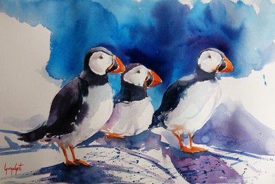 Three Puffins Watercolor by Giorgio Gosti