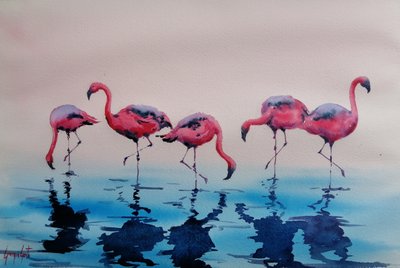 Wading Pink Flamingos by Giorgio Gosti